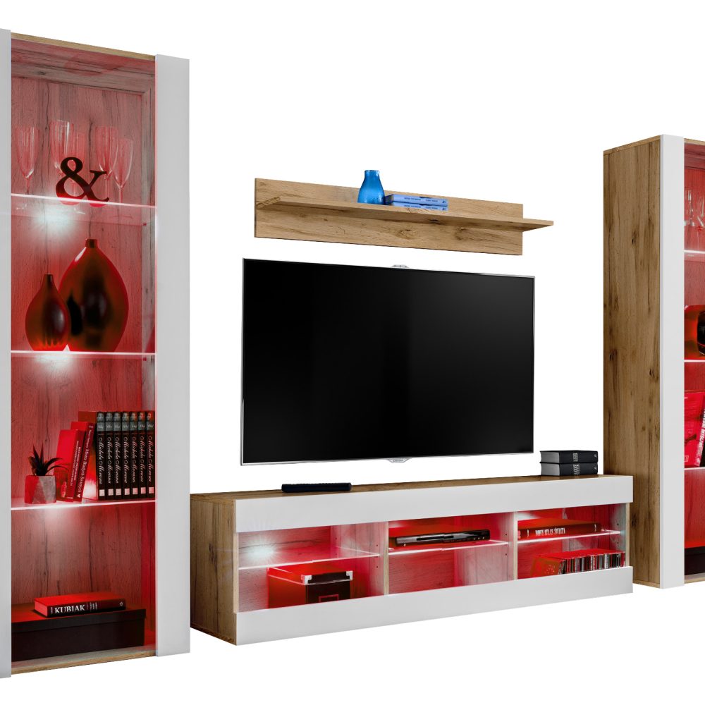 Tivoli Grande RTV Möbel Set, Weiß/Wotan RGB LED Beleuchtung