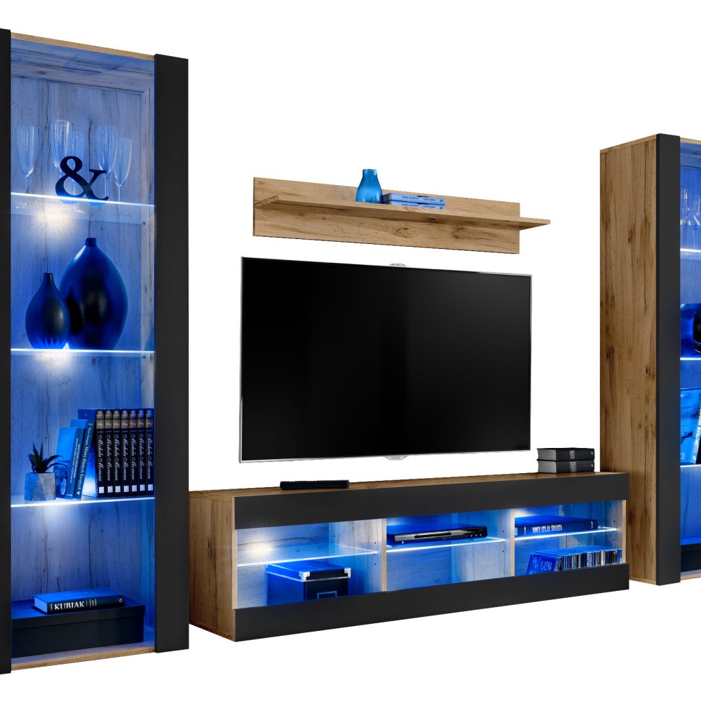 Tivoli Grande RTV Möbel Set, Schwarz/Wotan LED Beleuchtung Blau