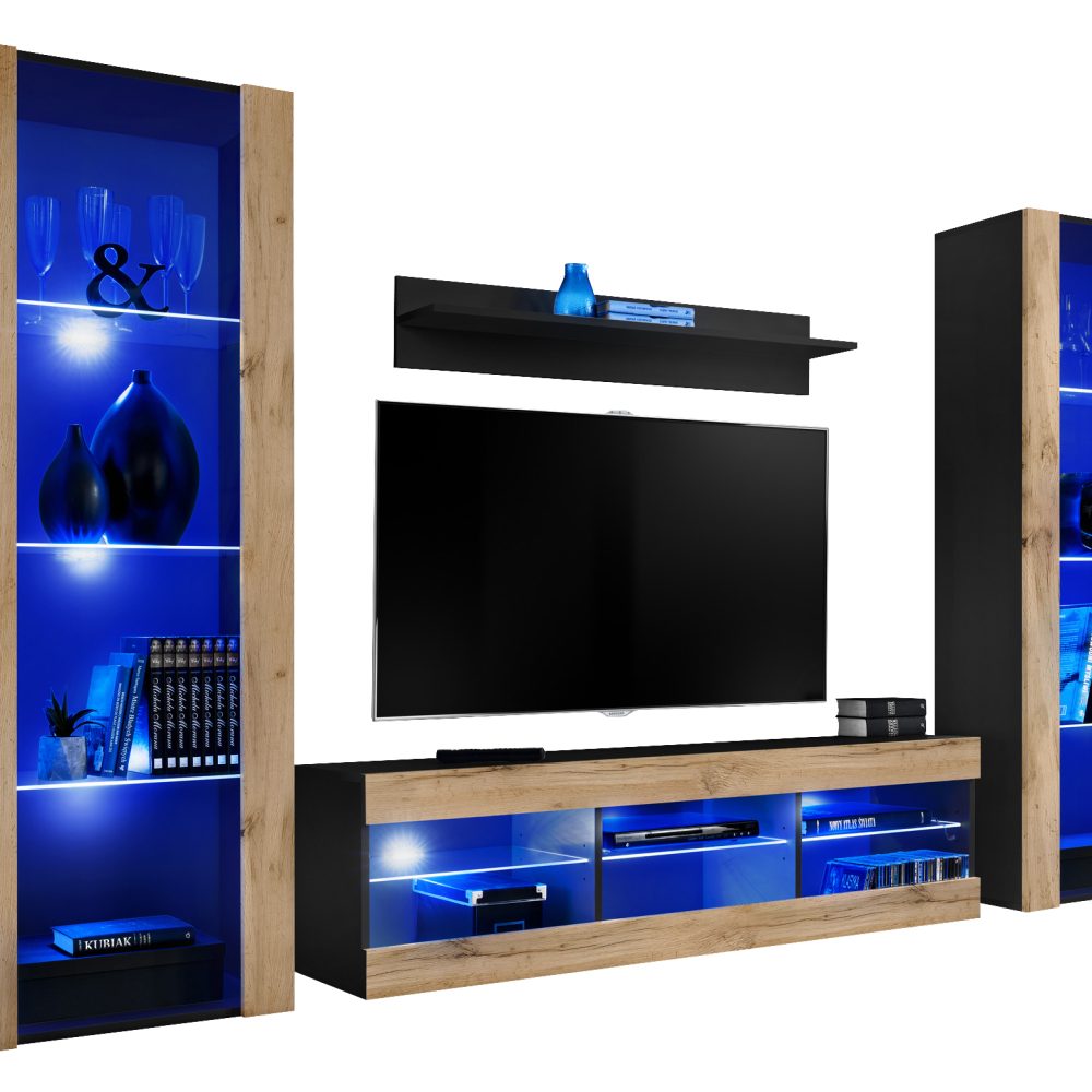Tivoli Grande RTV Möbel Set, Wotan/Schwarz LED Beleuchtung Blau
