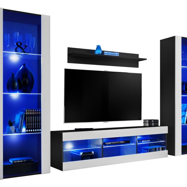 Tivoli Grande RTV Möbel Set, Weiß/Schwarz LED Beleuchtung Blau