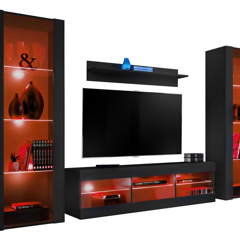 Tivoli Grande RTV Möbel Set, Schwarz/Schwarz LED RGB Beleuchtung