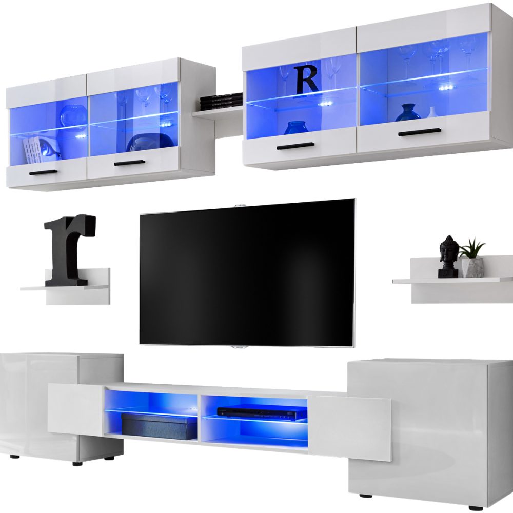 Foggia RTV Möbel Set, Weiß/Weiß LED-Beleuchtung Blau