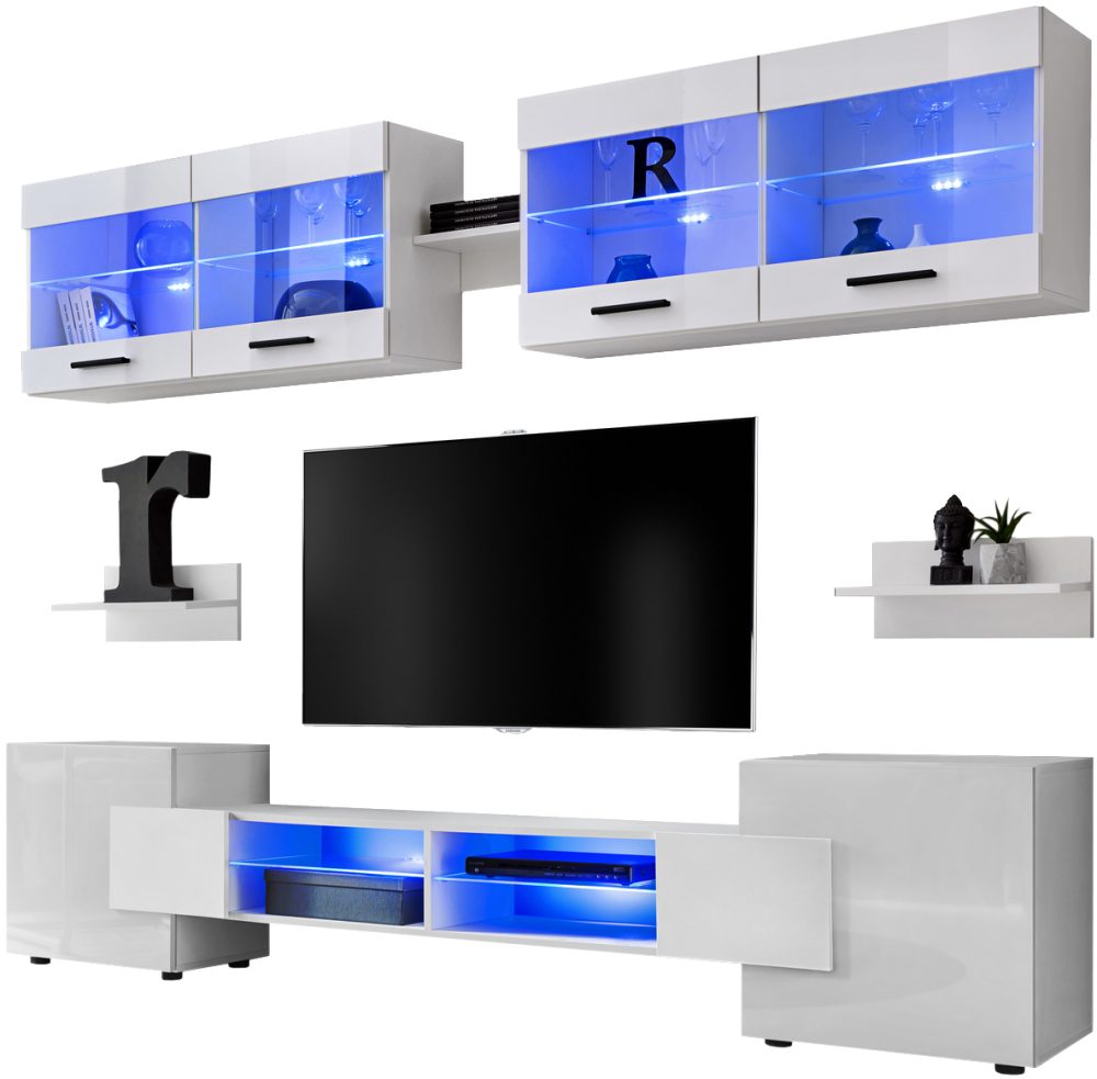 Foggia RTV Möbel Set, Weiß/Weiß LED-Beleuchtung Blau – Bild 1