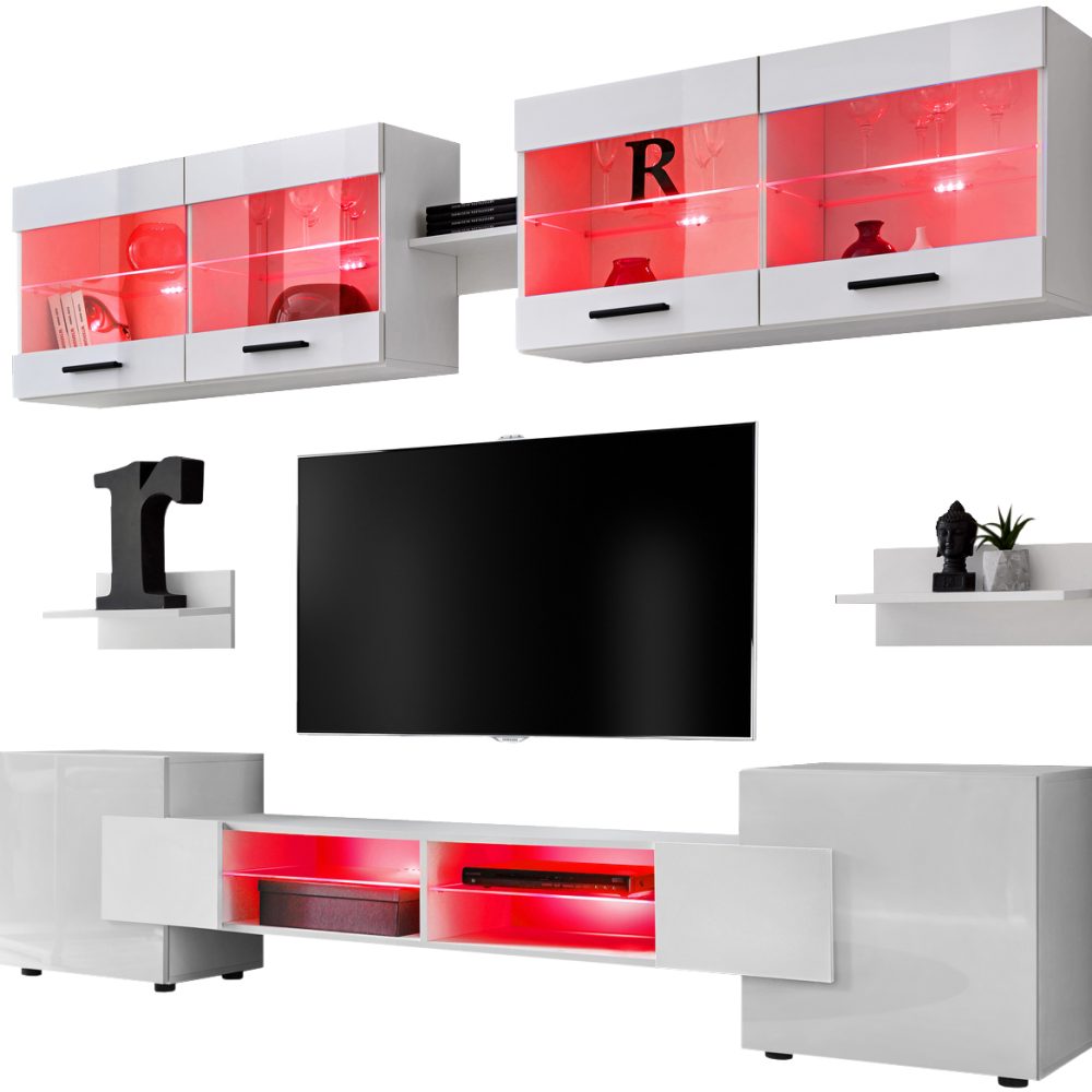 Foggia RTV Möbel Set, Weiß/Weiß RGB LED Beleuchtung