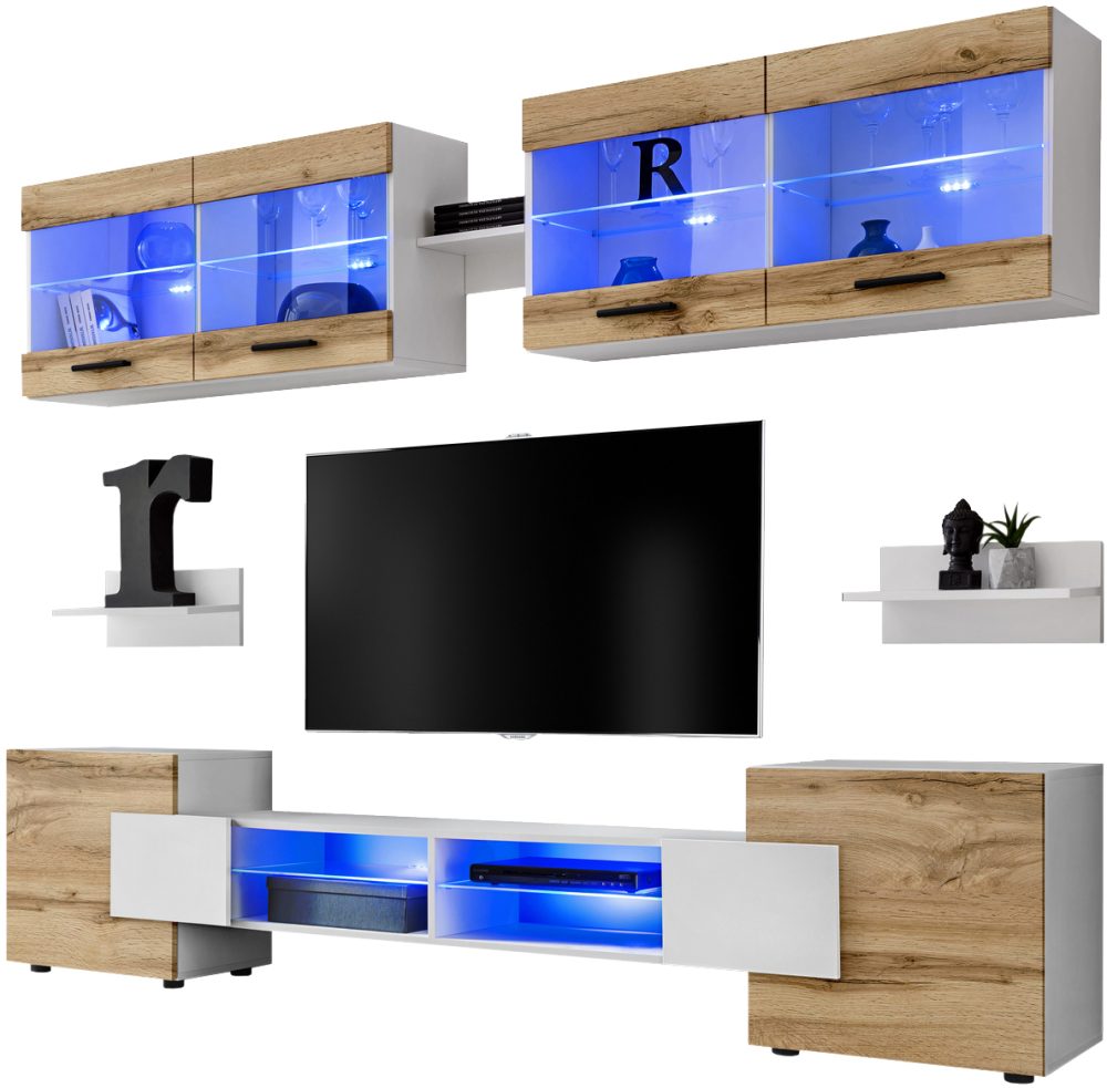 Foggia RTV Möbel Set, Wotan/Weiß LED Beleuchtung Blau – Bild 1