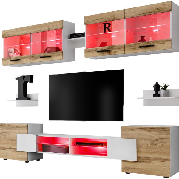 Foggia RTV Möbel Set, Wotan/Weiß RGB LED Beleuchtung