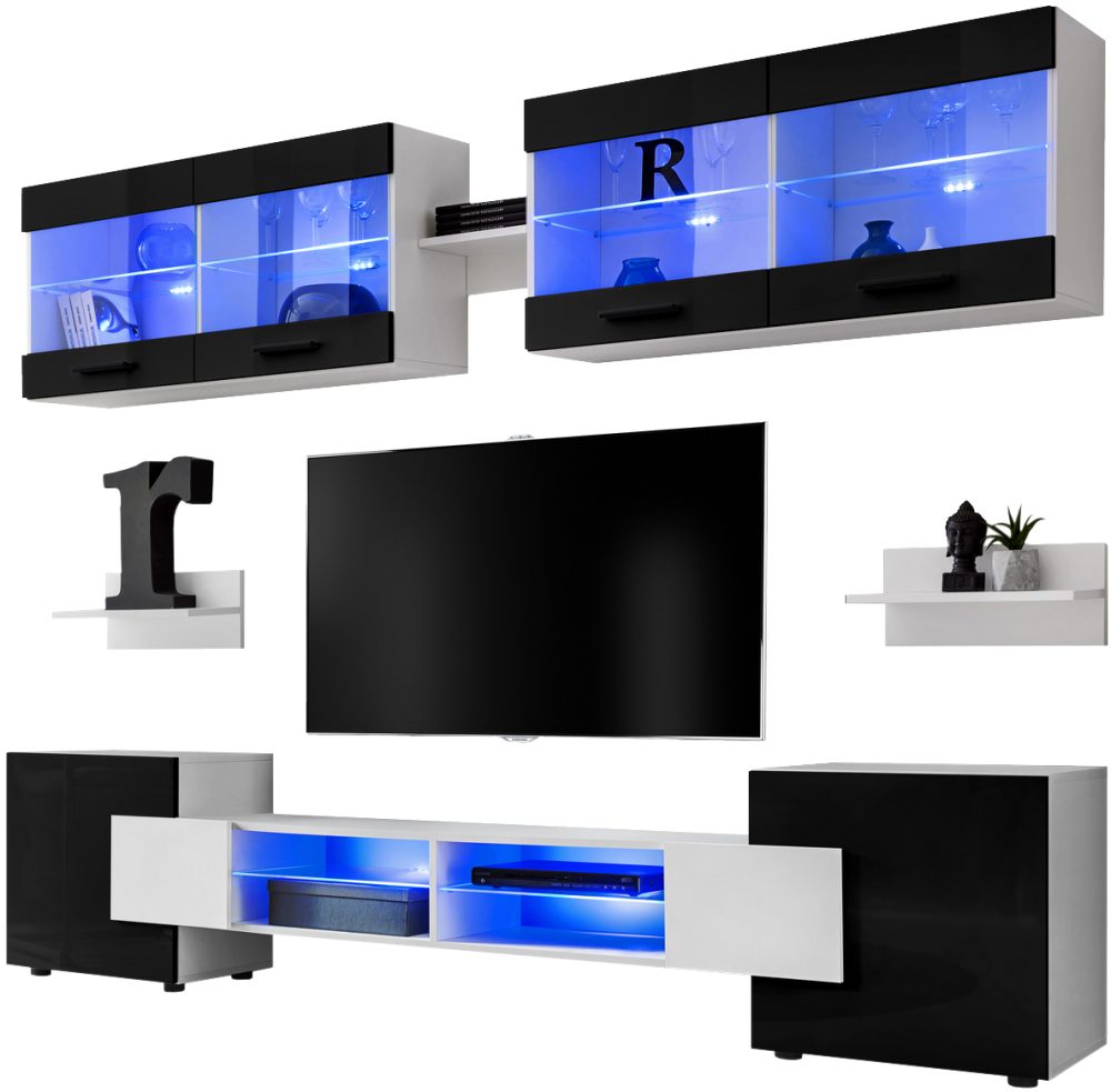 ISETR0500009003L1XXX_00 Foggia RTV Möbel Set, Schwarz/Weiß LED-Beleuchtung Blau – Bild 1