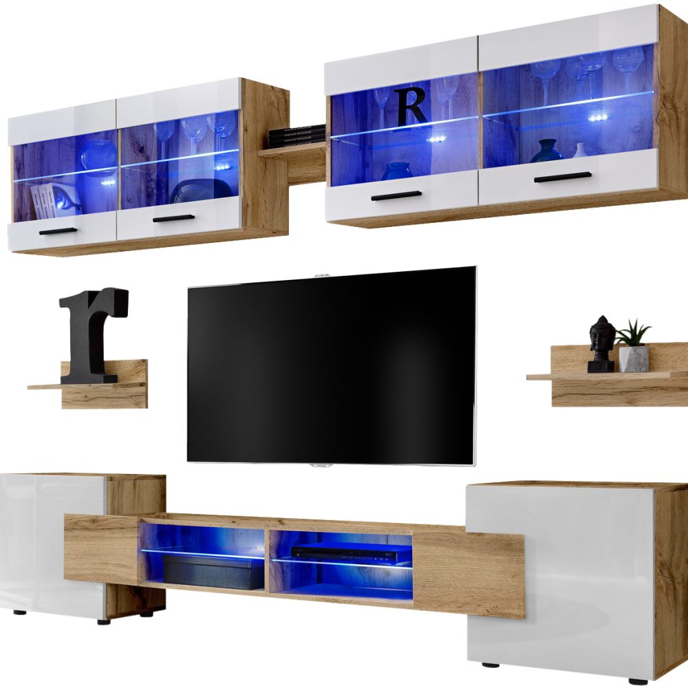 Foggia RTV Möbel Set, Weiß/Wotan LED Beleuchtung Blau