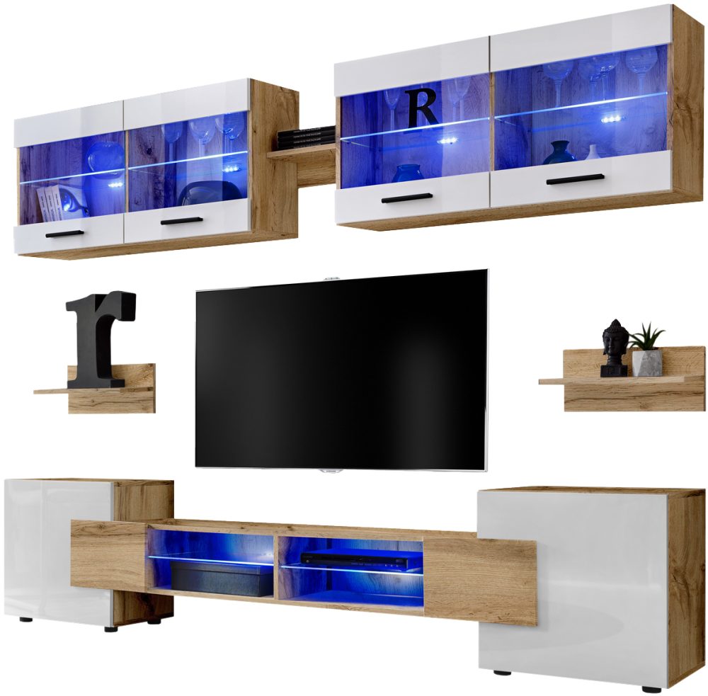 ISETR054W040003L1XXX_00 Foggia RTV Möbel Set, Weiß/Wotan LED Beleuchtung Blau – Bild 1