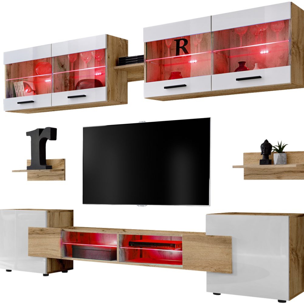 Foggia RTV Möbel Set, Weiß/Wotan RGB LED Beleuchtung