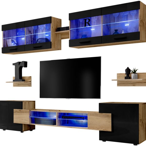 Foggia RTV Möbel Set, Schwarz/Wotan LED Beleuchtung Blau