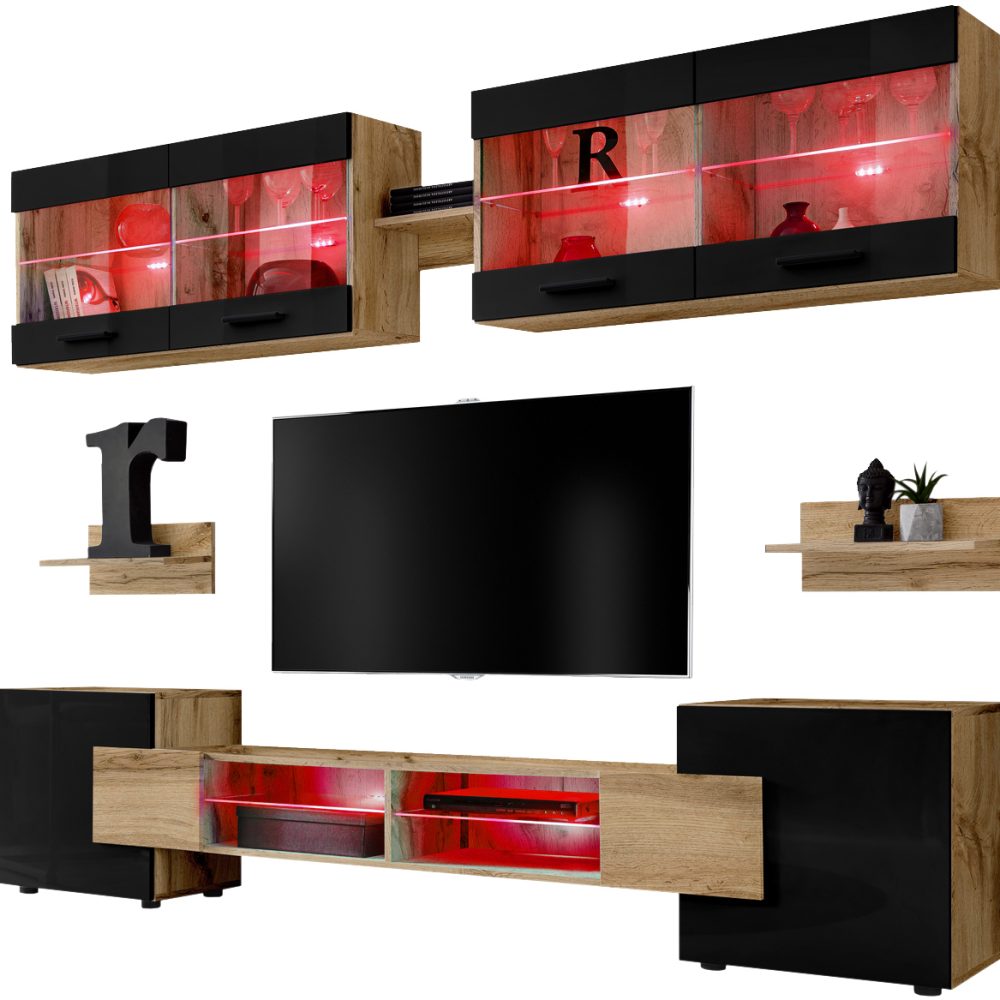 Foggia RTV Möbel Set, Schwarz/Wotan RGB LED Beleuchtung