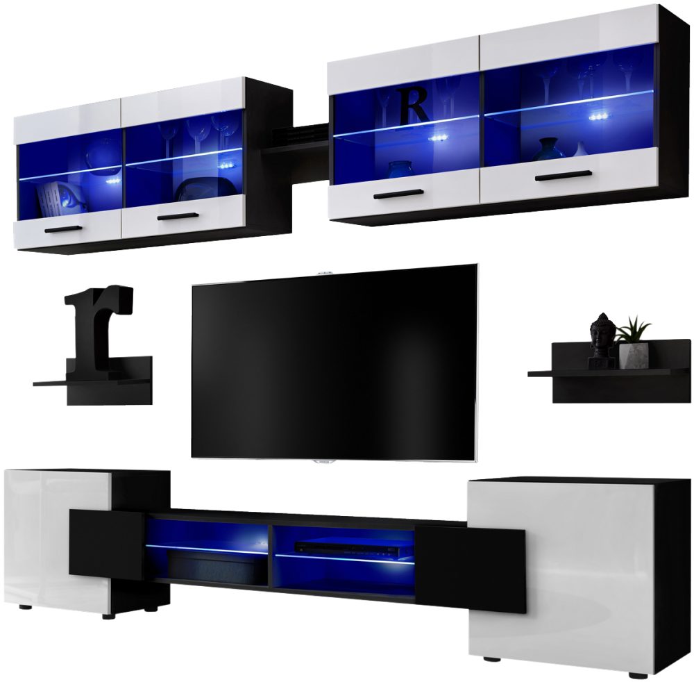 Foggia RTV Möbel Set, Weiß/Schwarz LED-Beleuchtung Blau – Bild 1