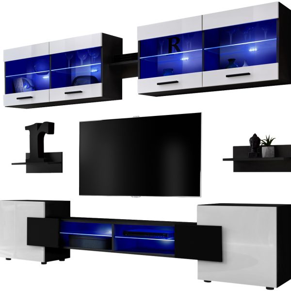 Foggia RTV Möbel Set, Weiß/Schwarz LED-Beleuchtung Blau