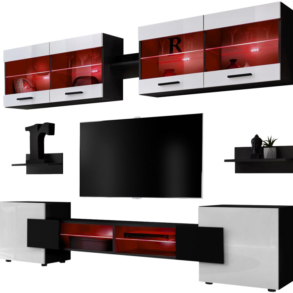 Foggia RTV Möbel Set, Weiß/Schwarz LED RGB Beleuchtung