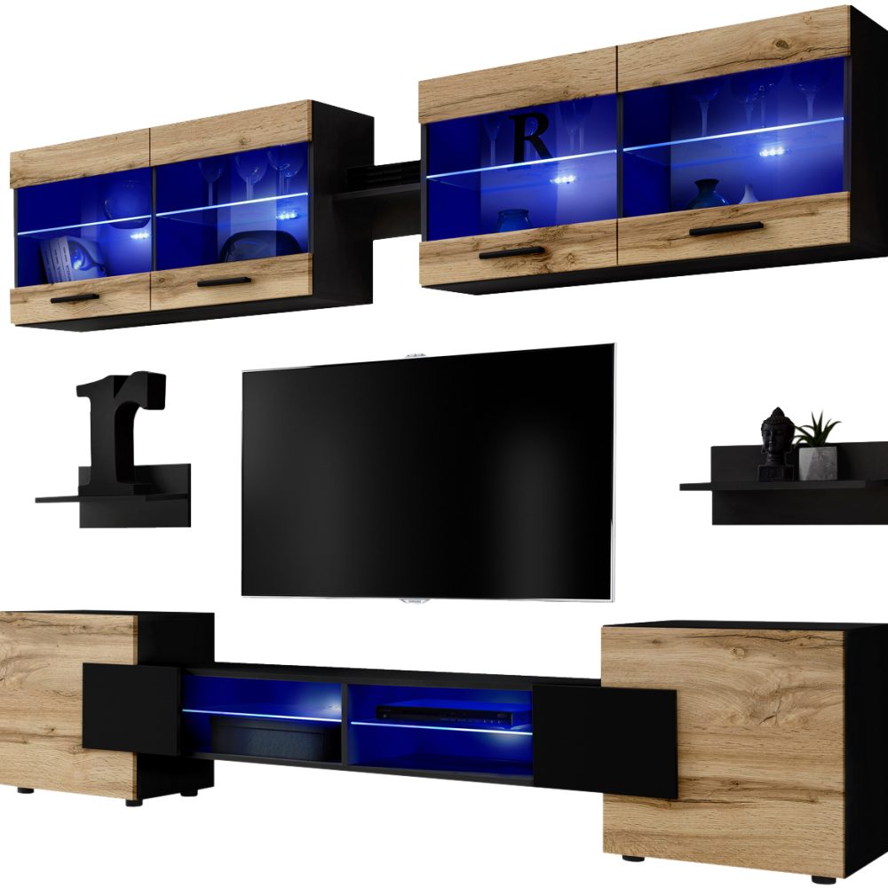 Foggia RTV Möbel Set, Wotan/Schwarz LED Beleuchtung Blau