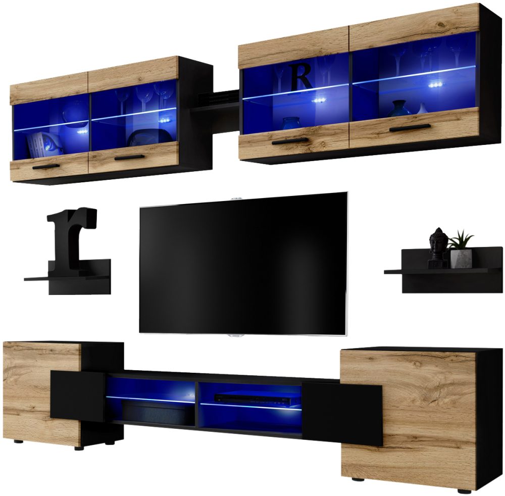 Foggia RTV Möbel Set, Wotan/Schwarz LED Beleuchtung Blau – Bild 1