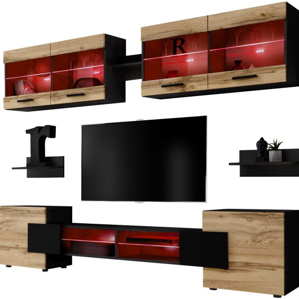 Foggia RTV Möbel Set, Wotan/Schwarz LED RGB Beleuchtung