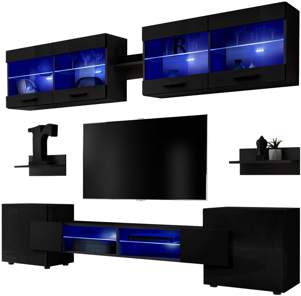 ISETR0590009003L1XXX_00 Foggia RTV Möbel Set, Schwarz/Schwarz LED Beleuchtung Blau – Bild 1