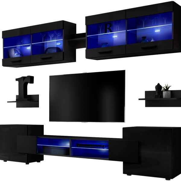 Foggia RTV Möbel Set, Schwarz/Schwarz LED Beleuchtung Blau