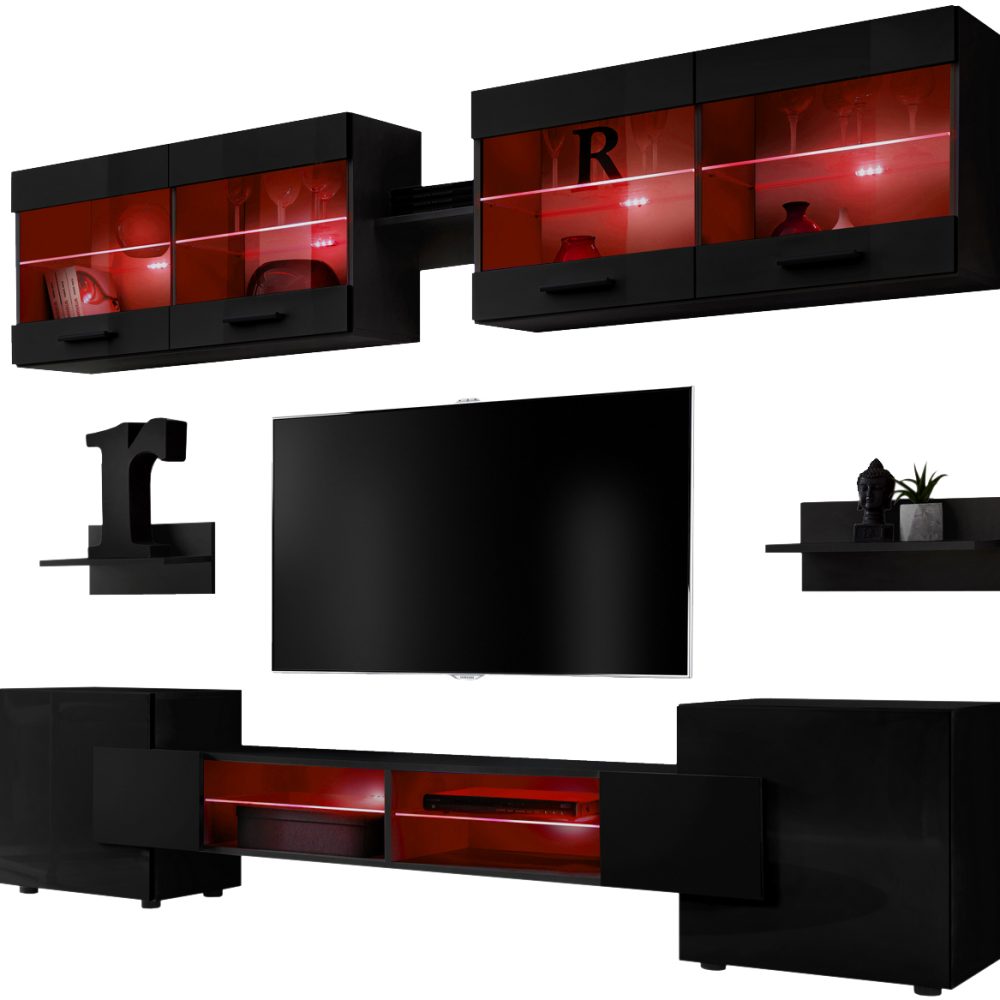Foggia RTV Möbel Set, Schwarz/Schwarz RGB LED Beleuchtung