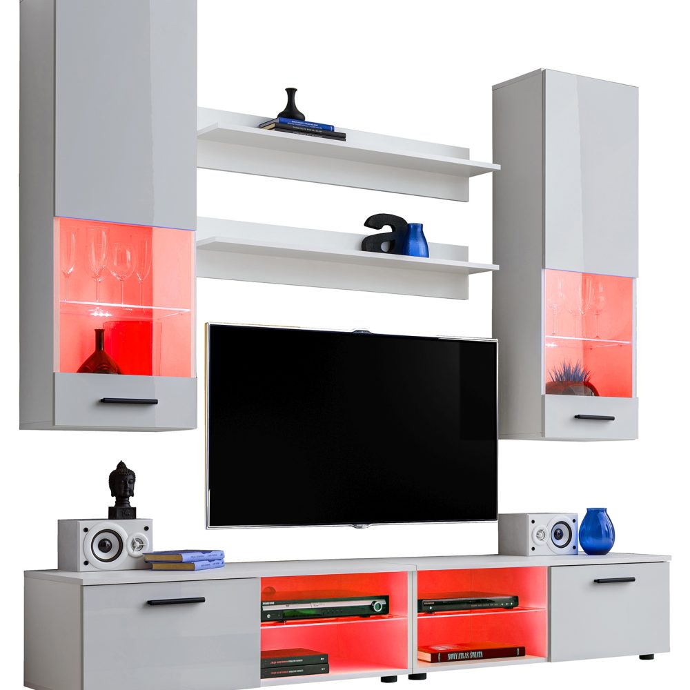 Varallo RTV Möbel Set, Weiß/Weiß RGB LED Beleuchtung