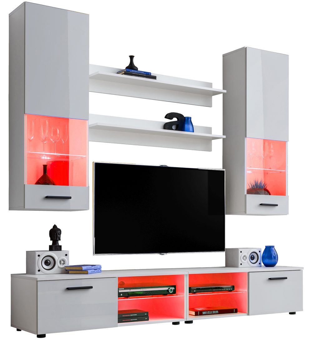 Varallo RTV Möbel Set, Weiß/Weiß RGB LED Beleuchtung – Bild 1