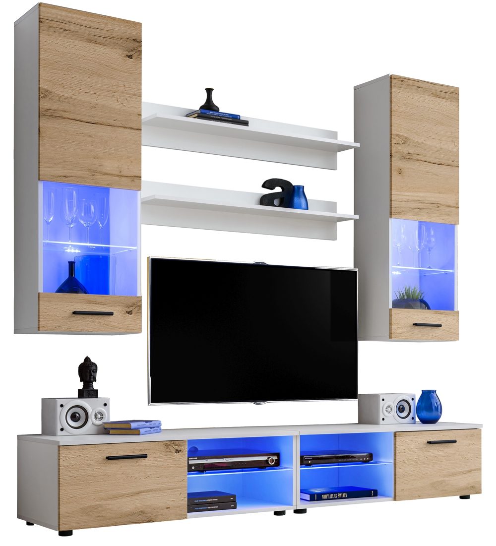 Varallo RTV Möbel Set, Wotan/Weiß LED Beleuchtung Blau – Bild 1