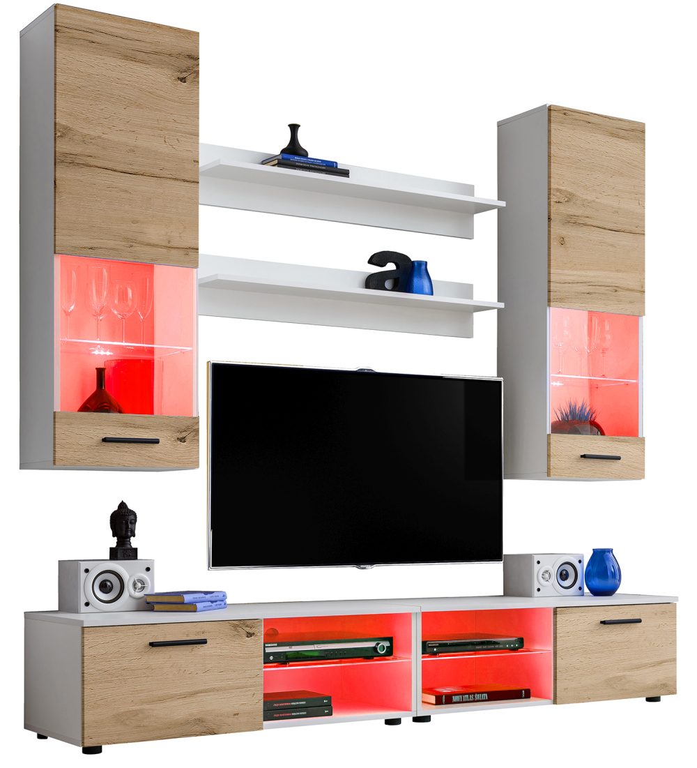 Varallo RTV Möbel Set, Wotan/Weiß RGB LED Beleuchtung – Bild 1