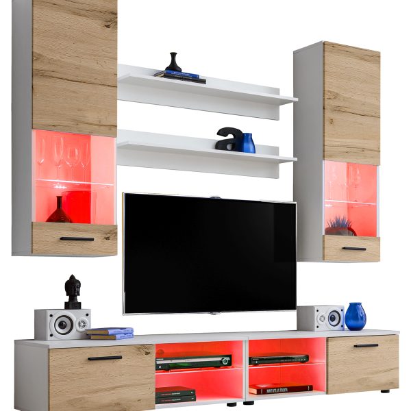 Varallo RTV Möbel Set, Wotan/Weiß RGB LED Beleuchtung