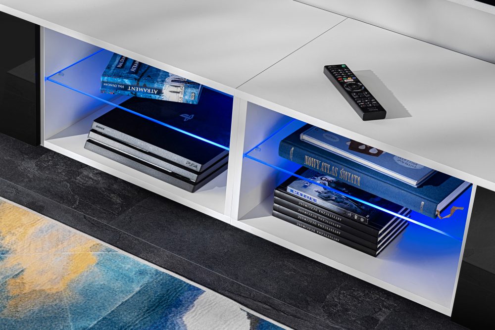 Varallo RTV Möbel Set, Schwarz/Weiß LED Beleuchtung Blau – Bild 4