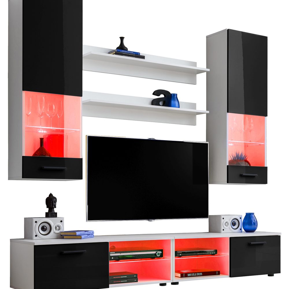 Varallo RTV Möbel Set, Schwarz/Weiß RGB LED Beleuchtung