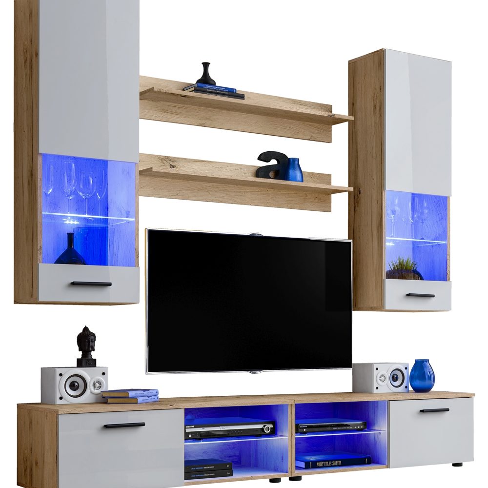 Varallo RTV Möbel Set, Weiß/Wotan LED-Beleuchtung Blau