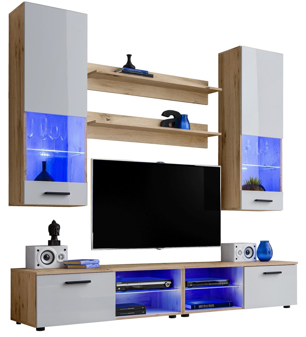 ISETR064W040003L1XXX_00 Varallo RTV Möbel Set, Weiß/Wotan LED-Beleuchtung Blau – Bild 1