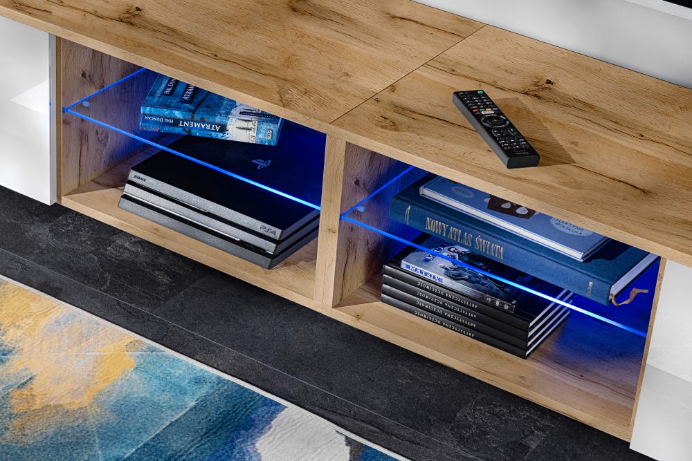 Varallo RTV Möbel Set, Weiß/Wotan LED-Beleuchtung Blau – Bild 4