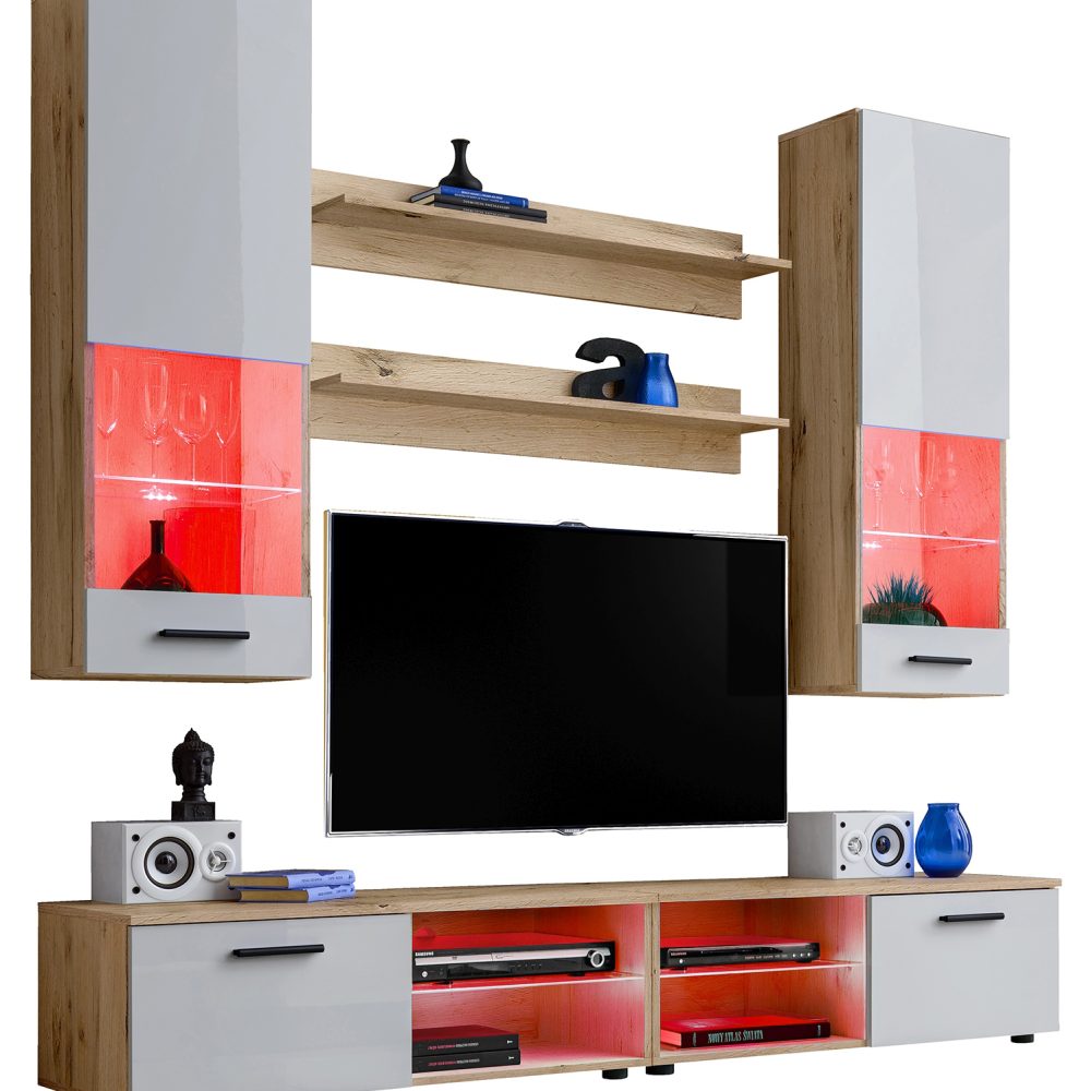 Varallo TV Möbel Set, Weiß/Wotan RGB LED Beleuchtung