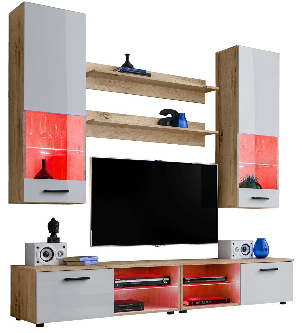 Varallo TV Möbel Set, Weiß/Wotan RGB LED Beleuchtung – Bild 1