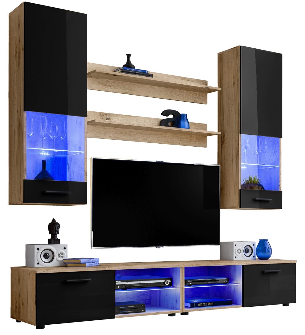 Varallo RTV Möbel Set, Schwarz/Wotan LED Beleuchtung Blau – Bild 1