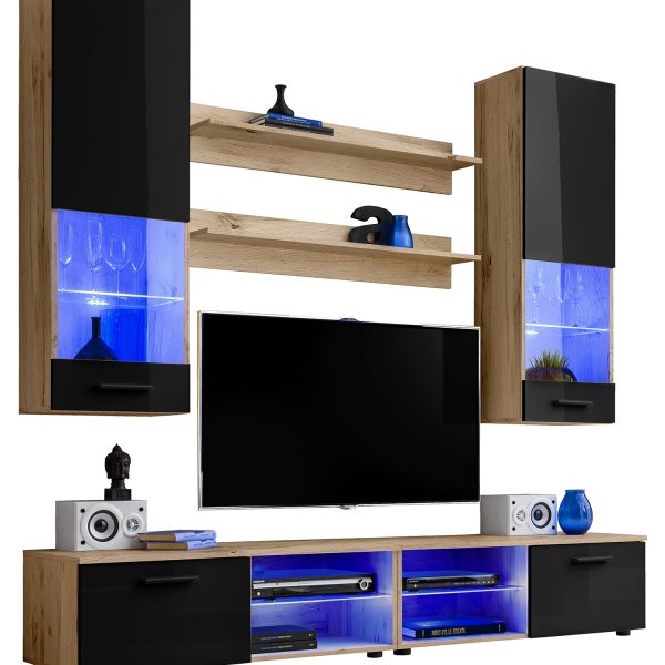 Varallo RTV Möbel Set, Schwarz/Wotan LED Beleuchtung Blau