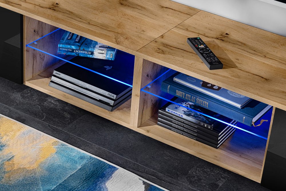 Varallo RTV Möbel Set, Schwarz/Wotan LED Beleuchtung Blau – Bild 4