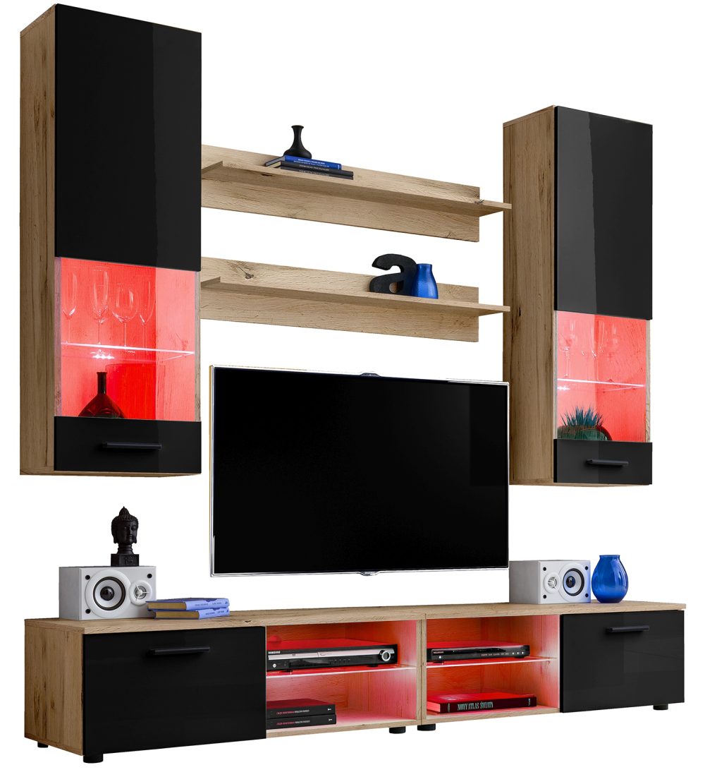 Varallo RTV Möbel Set, Schwarz/Wotan RGB LED Beleuchtung – Bild 1