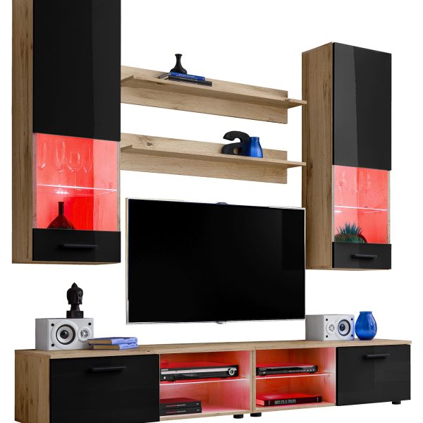 Varallo RTV Möbel Set, Schwarz/Wotan RGB LED Beleuchtung