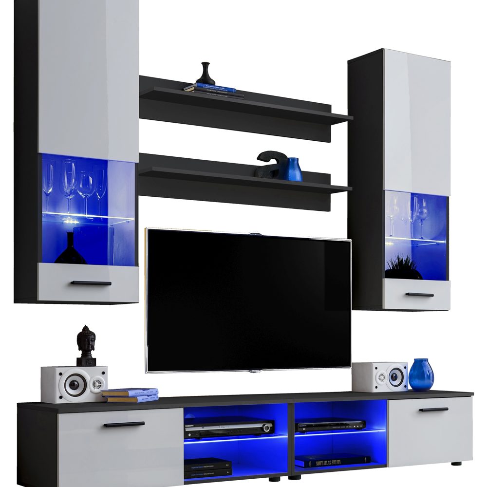 Varallo RTV Möbel Set, Weiß/Schwarz LED-Beleuchtung Blau