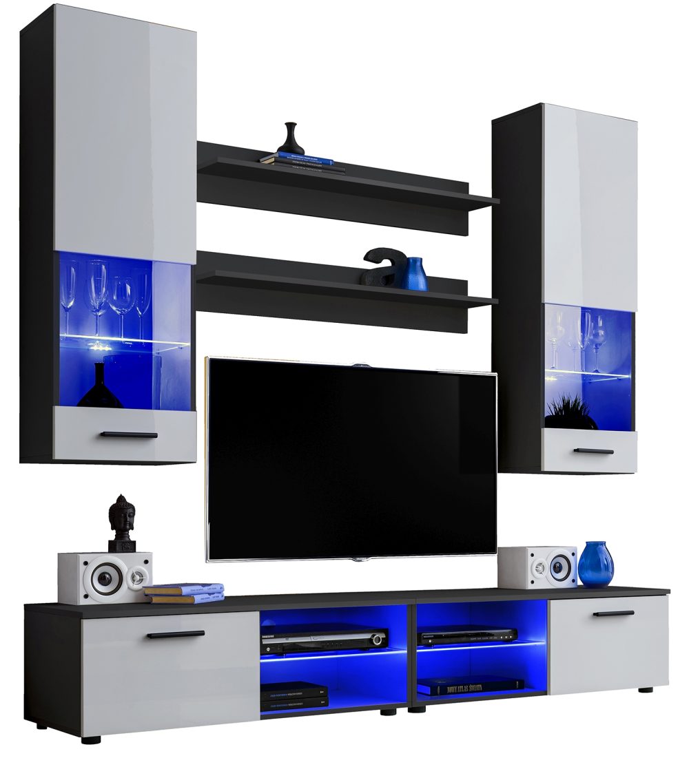 ISETR0690000003L1XXX_00 Varallo RTV Möbel Set, Weiß/Schwarz LED-Beleuchtung Blau – Bild 1