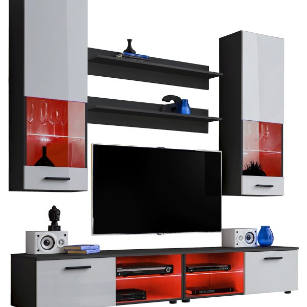 Varallo RTV Möbel Set, Weiß/Schwarz RGB LED Beleuchtung