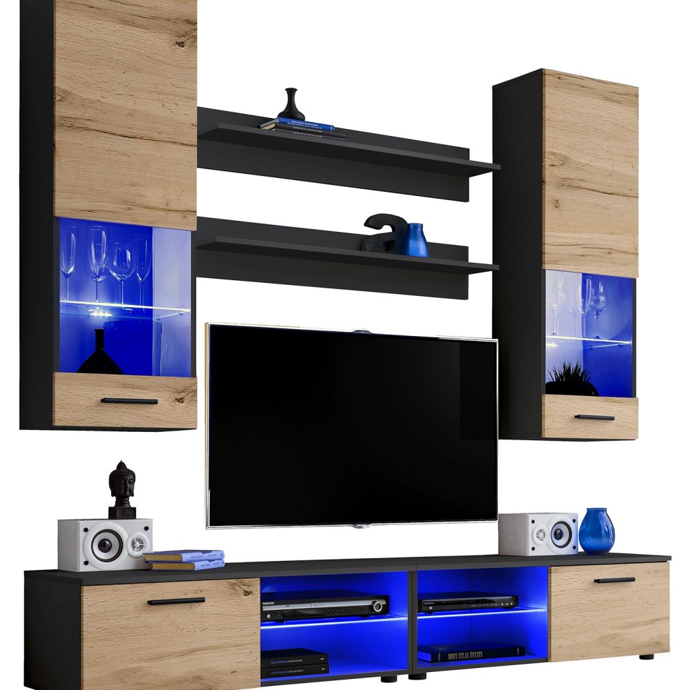 Varallo RTV Möbel Set, Wotan/Schwarz LED Beleuchtung Blau