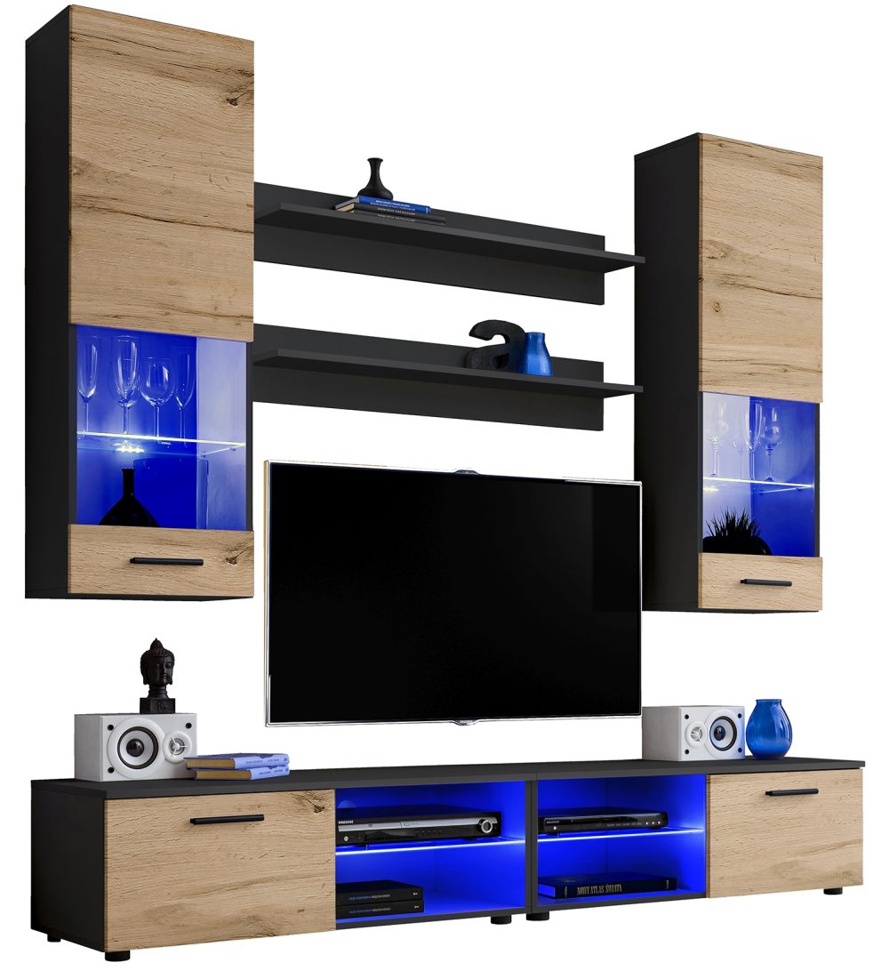 Varallo RTV Möbel Set, Wotan/Schwarz LED Beleuchtung Blau – Bild 1