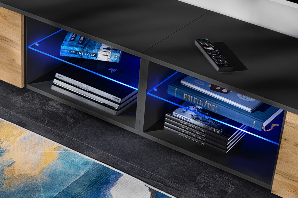 Varallo RTV Möbel Set, Wotan/Schwarz LED Beleuchtung Blau – Bild 4