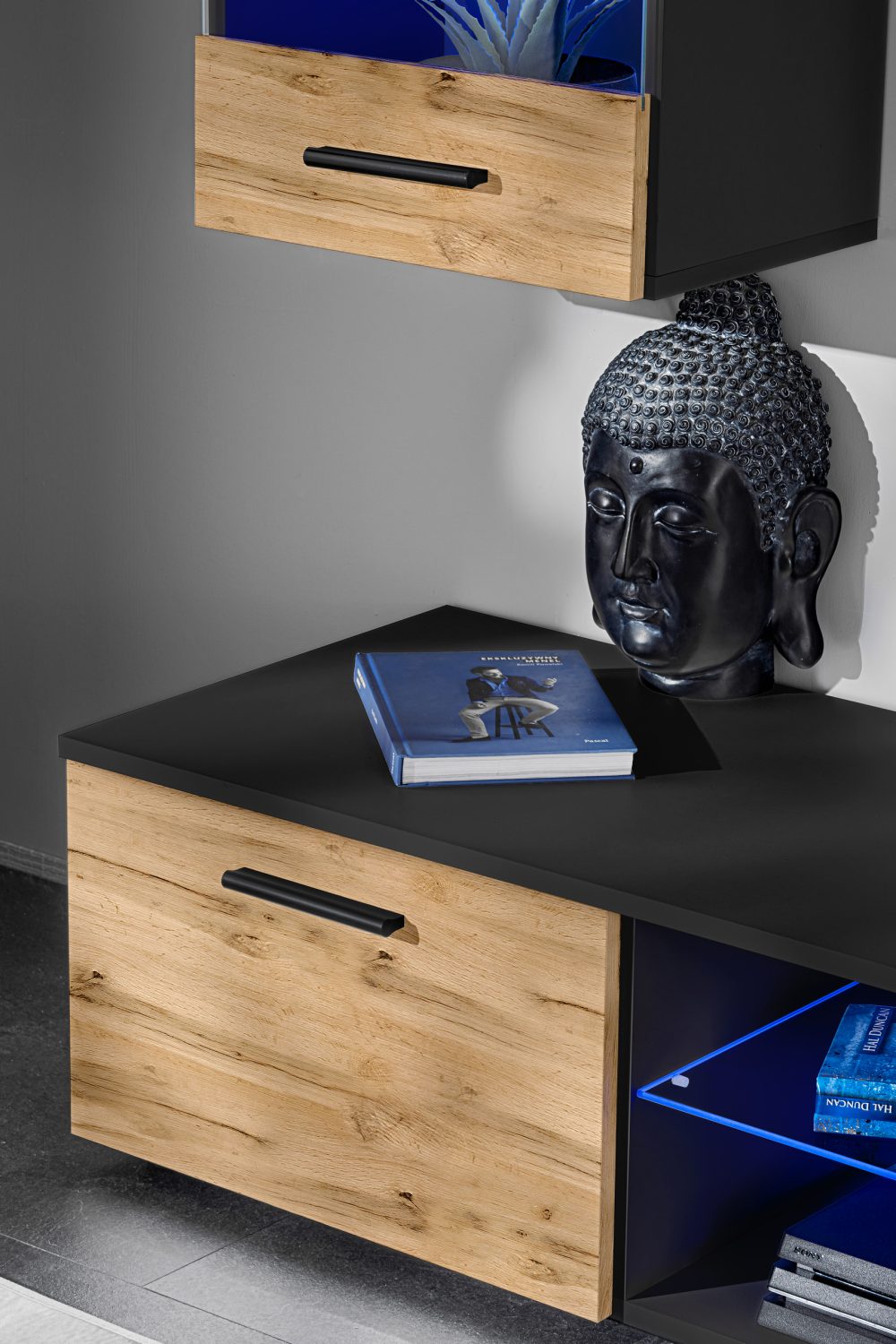 Varallo RTV Möbel Set, Wotan/Schwarz LED Beleuchtung Blau – Bild 5