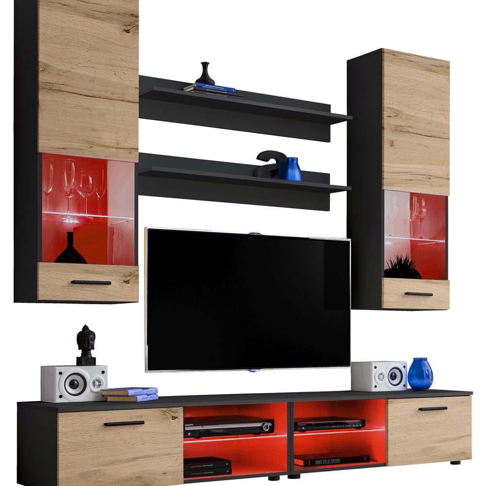 Varallo RTV Möbel Set, Wotan/Schwarz LED RGB Beleuchtung